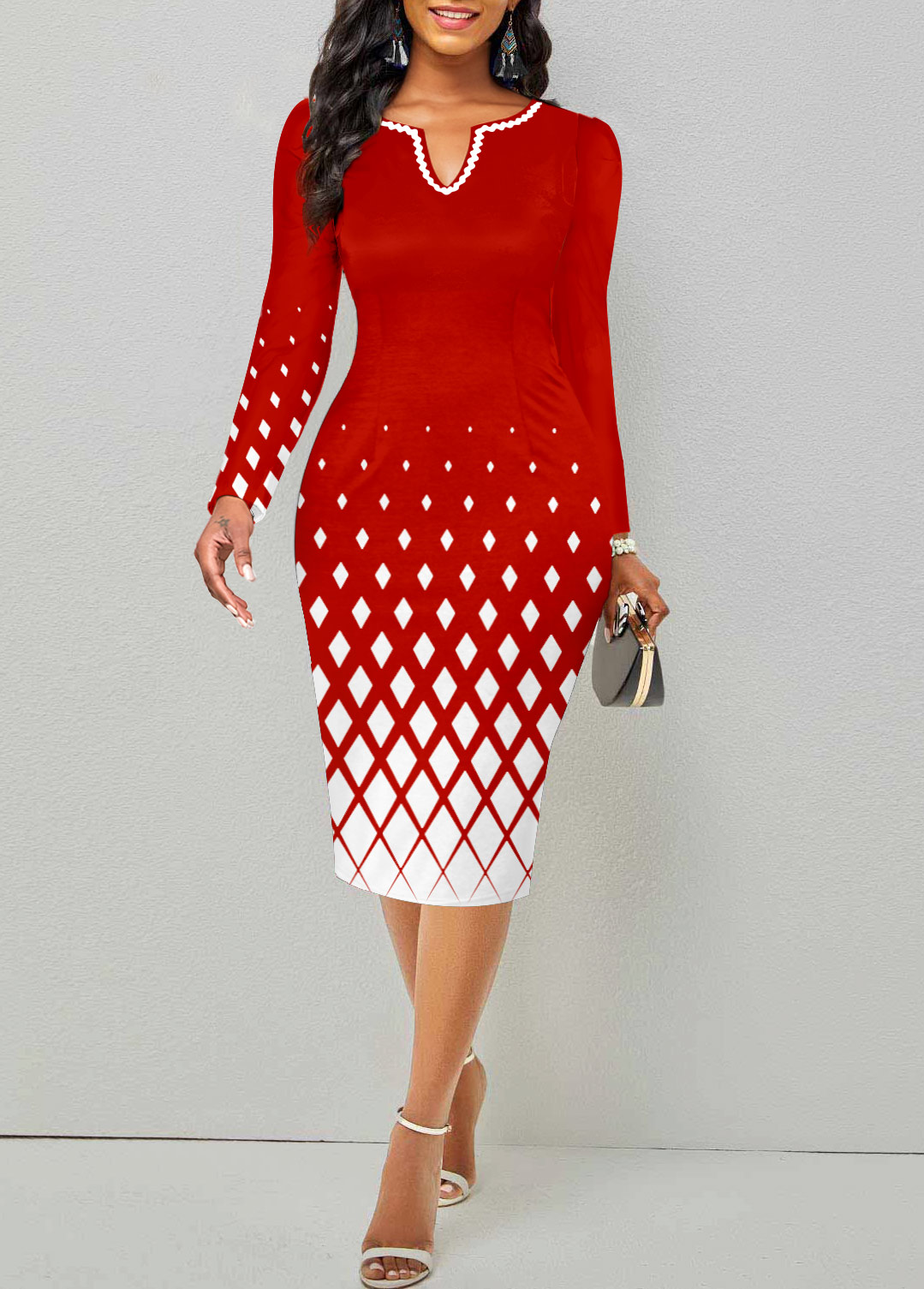 Christmas Red Split Geometric Print Long Sleeve Dress