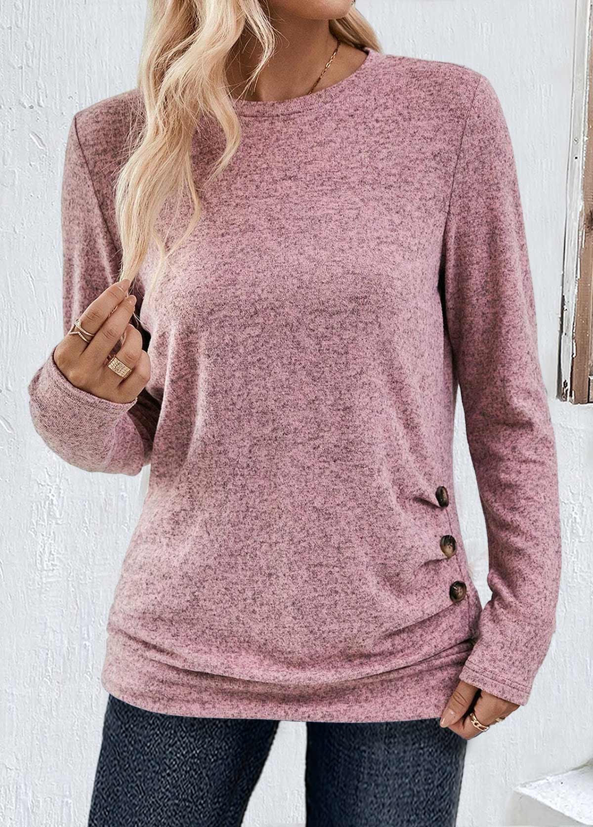 Pink Button Long Sleeve Round Neck T Shirt