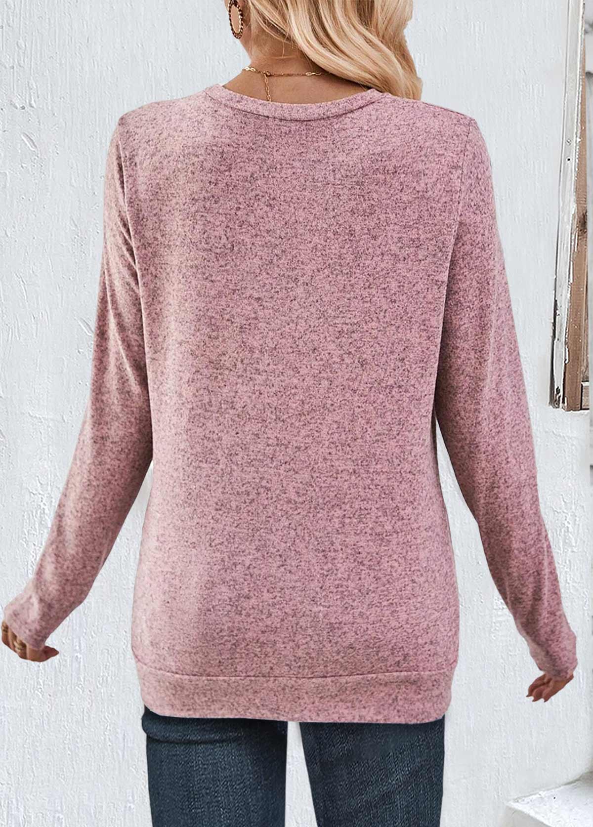 Pink Button Long Sleeve Round Neck T Shirt