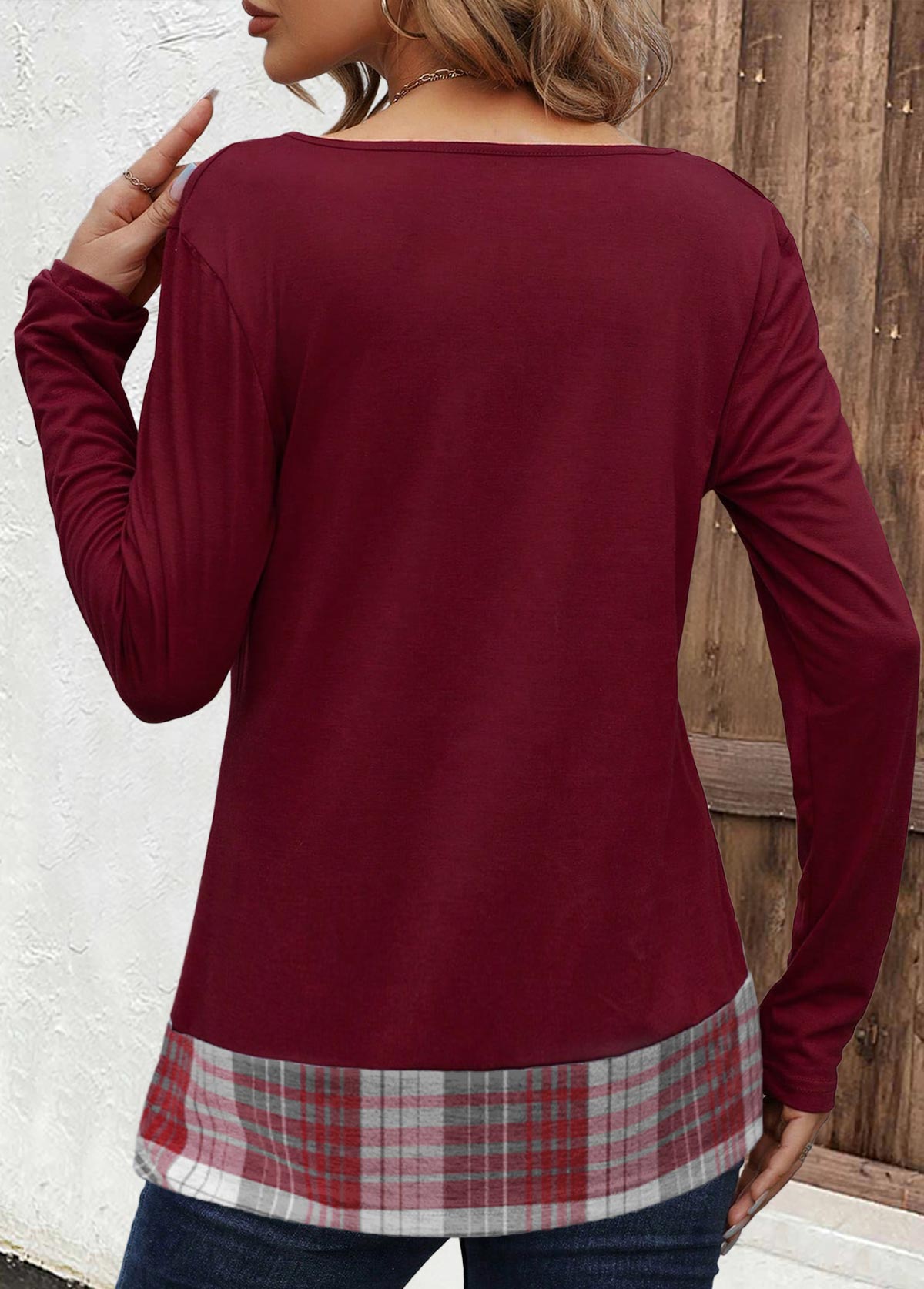 Deep Red Patchwork Plaid Long Sleeve Asymmetrical Neck Sweatshirt