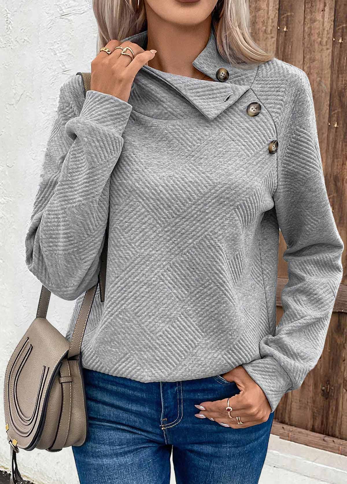 Grey Button Long Sleeve Turtleneck Sweatshirt