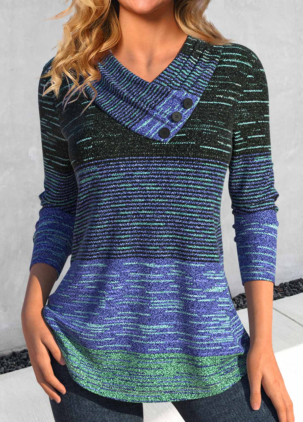 Cyan Button Striped Long Sleeve V Neck T Shirt | picture 