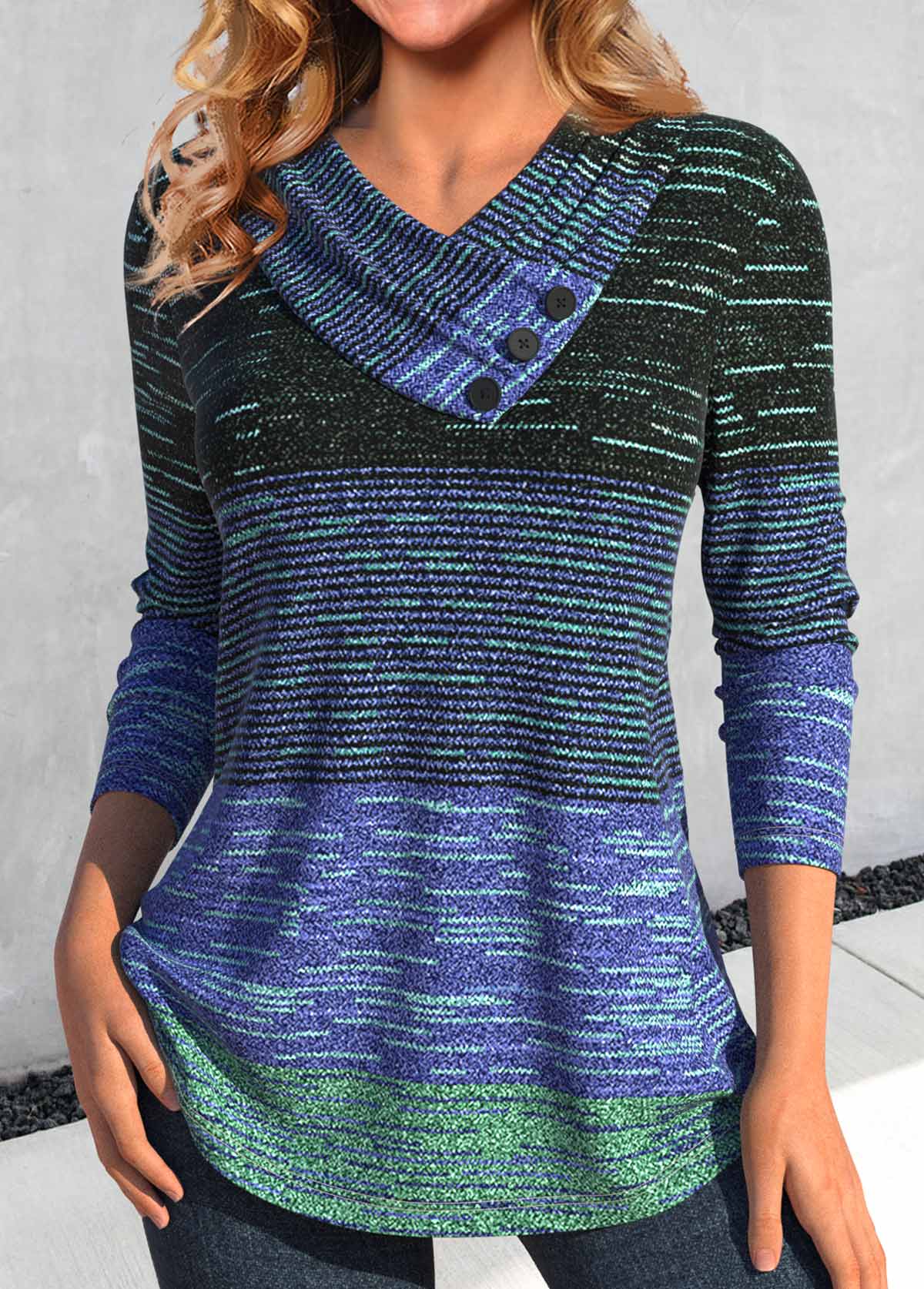 Cyan Button Striped Long Sleeve V Neck T Shirt | picture 