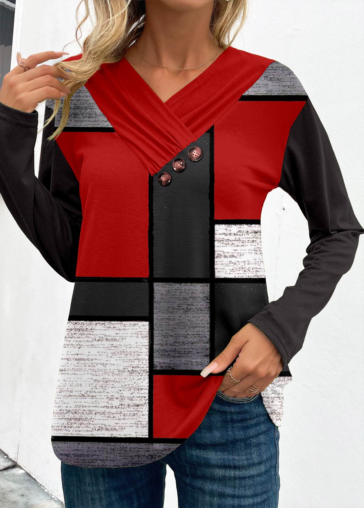 Wine Red Patchwork Geometric Print Long Sleeve Sweatshirt