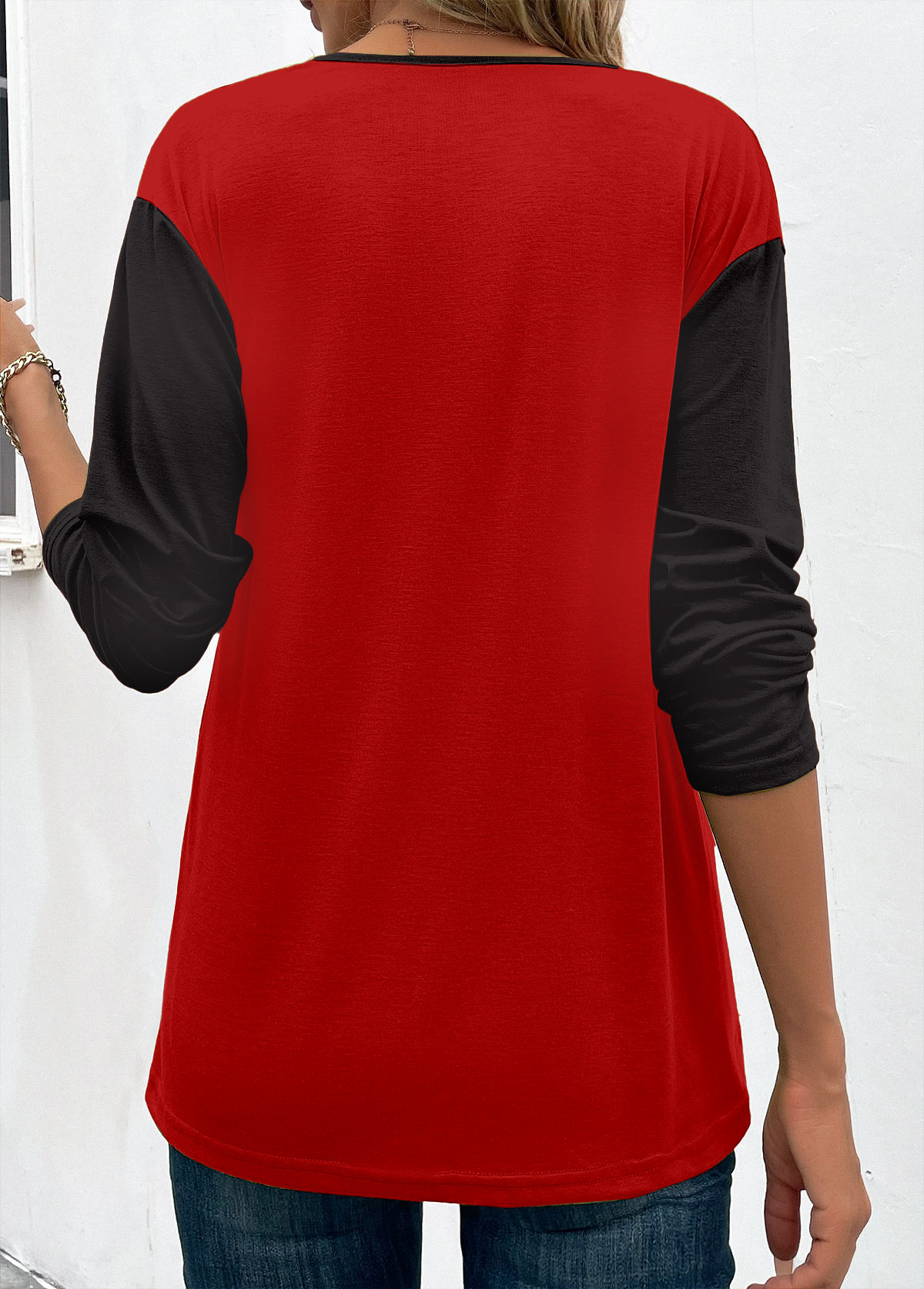 Wine Red Patchwork Geometric Print Long Sleeve Sweatshirt
