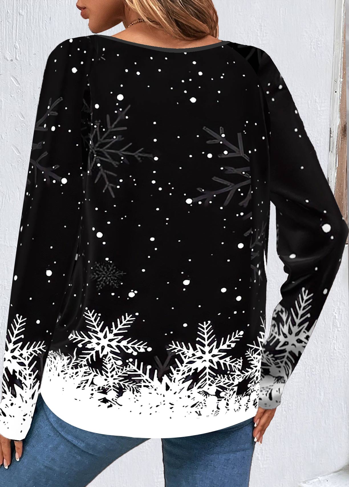 Black Button Christmas Print Long Sleeve Round Neck Sweatshirt