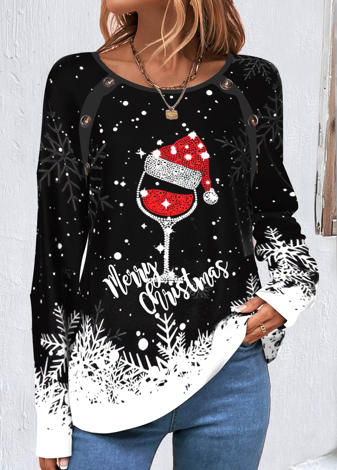 Black Button Christmas Print Long Sleeve Round Neck Sweatshirt