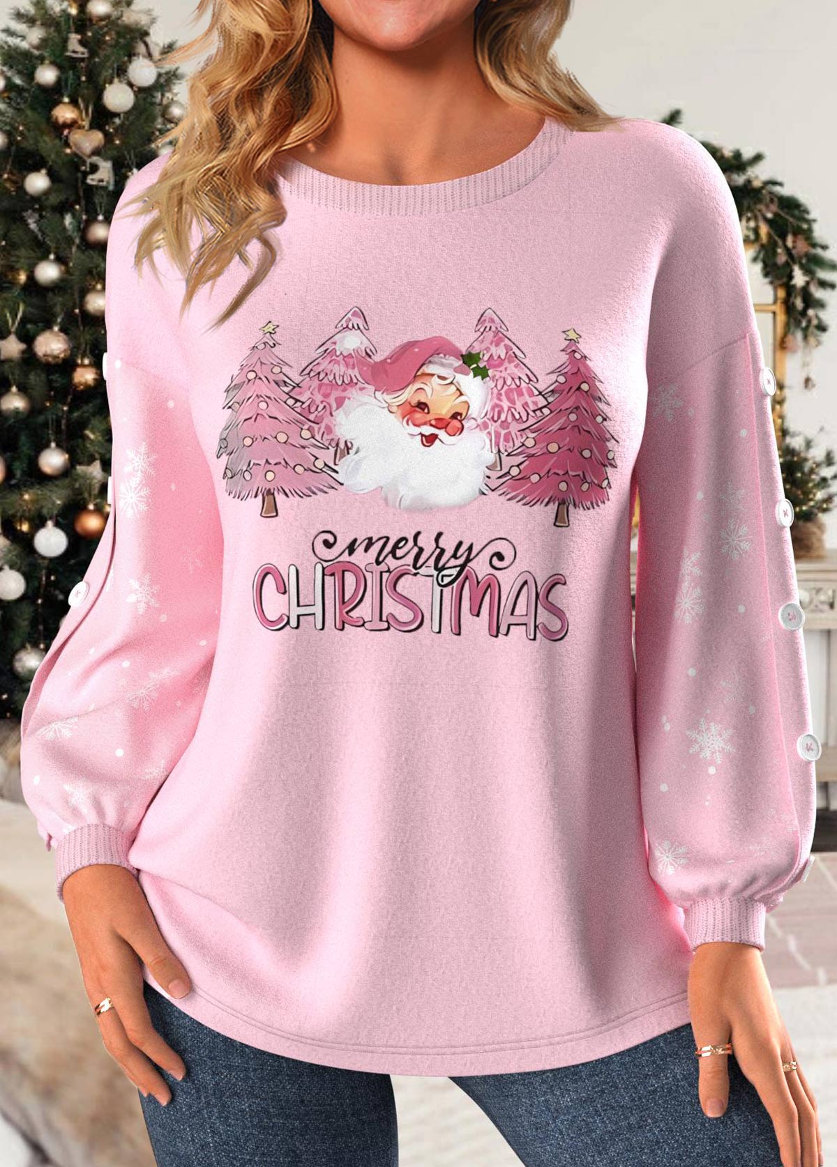 Plus Size Light Pink Button Christmas Print Sweatshirt