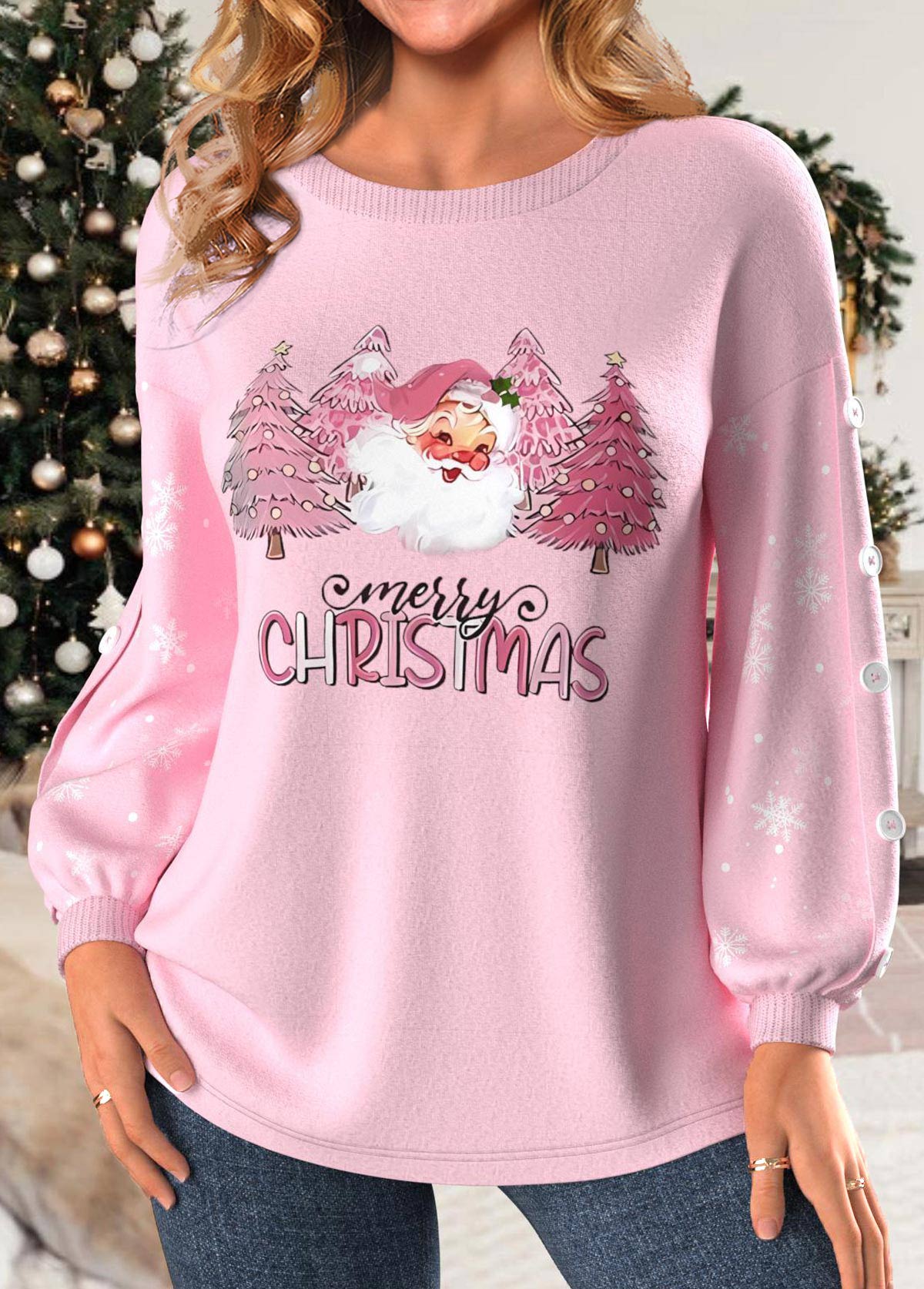 Plus Size Light Pink Button Christmas Print Sweatshirt