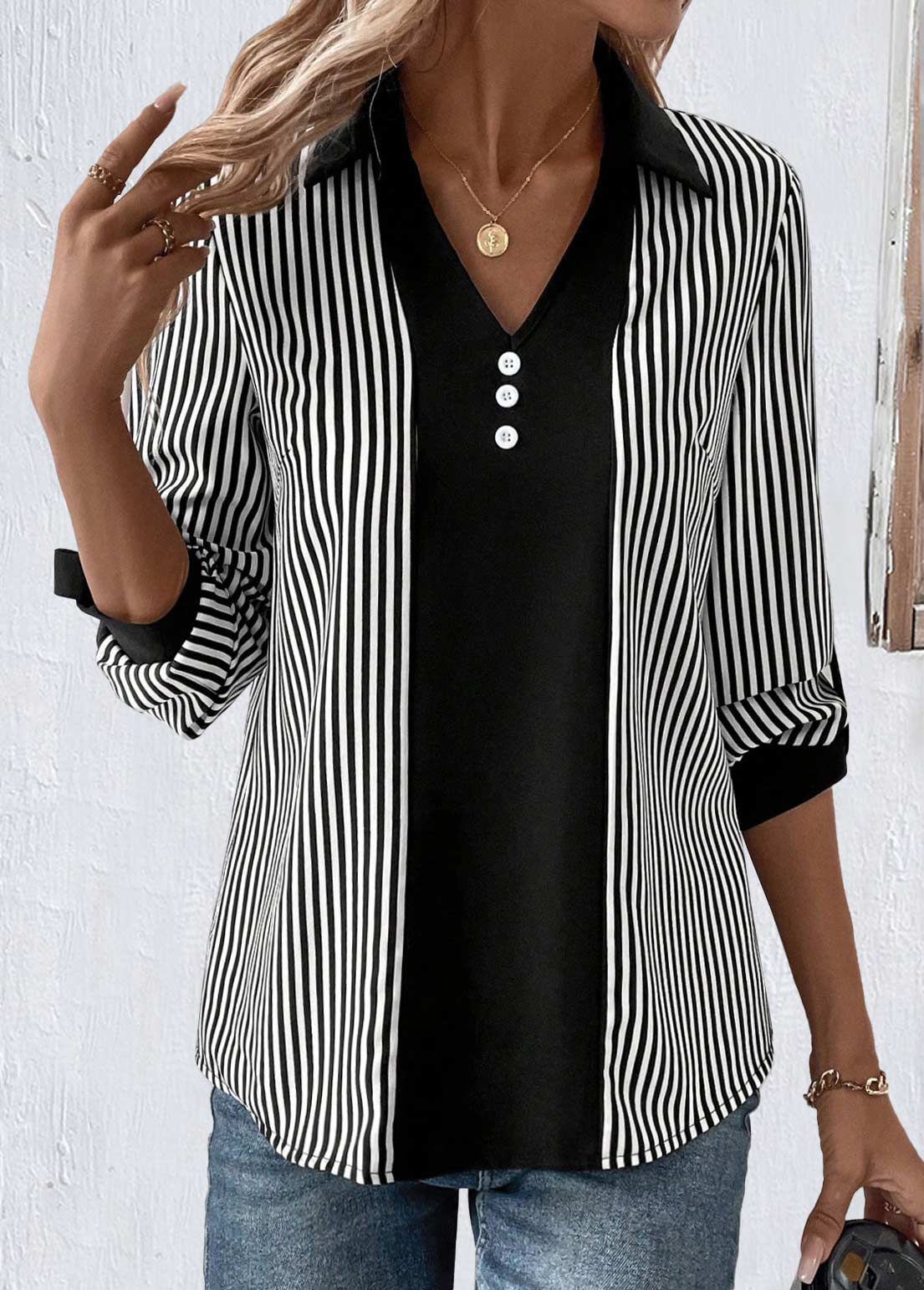 Black Button Striped Long Sleeve Shirt Collar Blouse