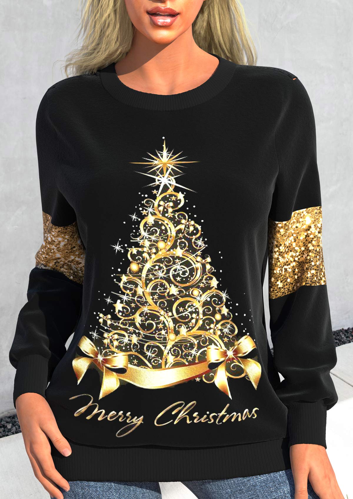 Black Sequin Christmas Tree Print Long Sleeve Sweatshirt