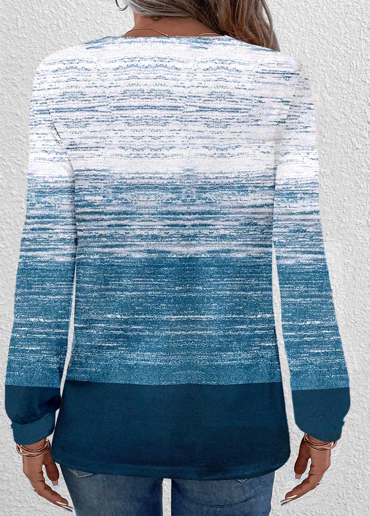 Peacock Blue Button Ombre Long Sleeve Round Neck Sweatshirt