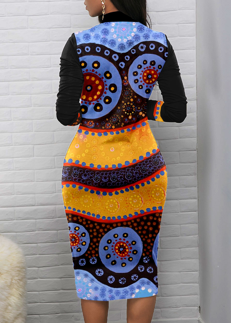 Black Patchwork Tribal Print Long Sleeve Bodycon Dress