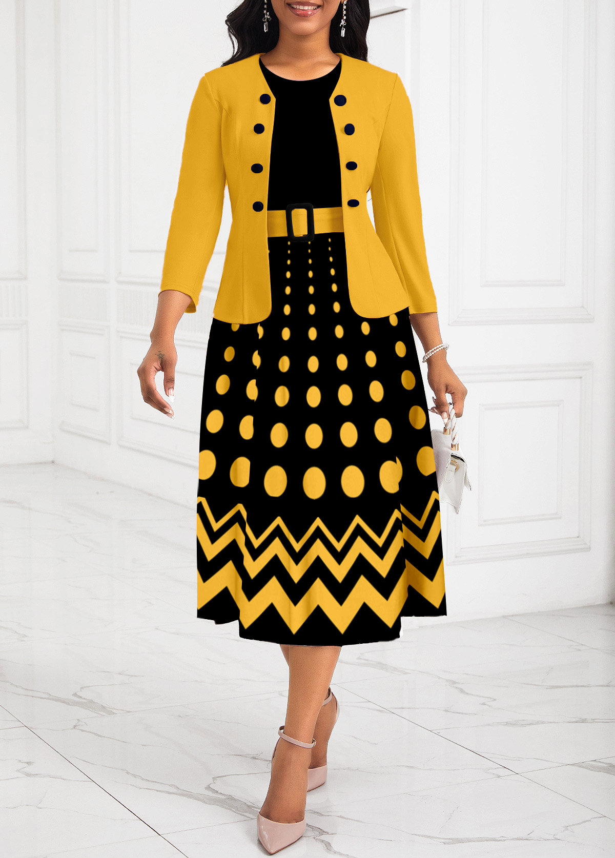 Yellow Two Piece Ombre Belted Round Neck Dress