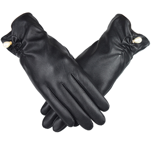Pearl Detail Black Wrist Warming Full Finger Gloves