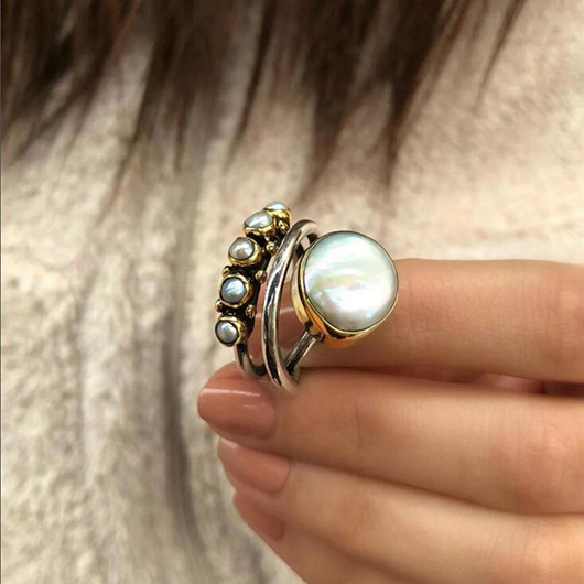 Silvery White Round Alloy Detail Ring
