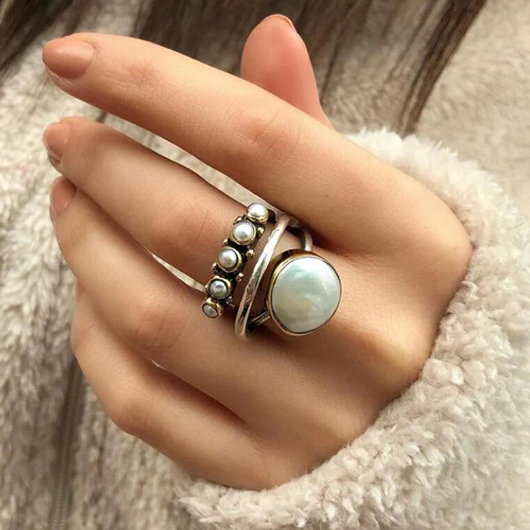 Silvery White Round Alloy Detail Ring