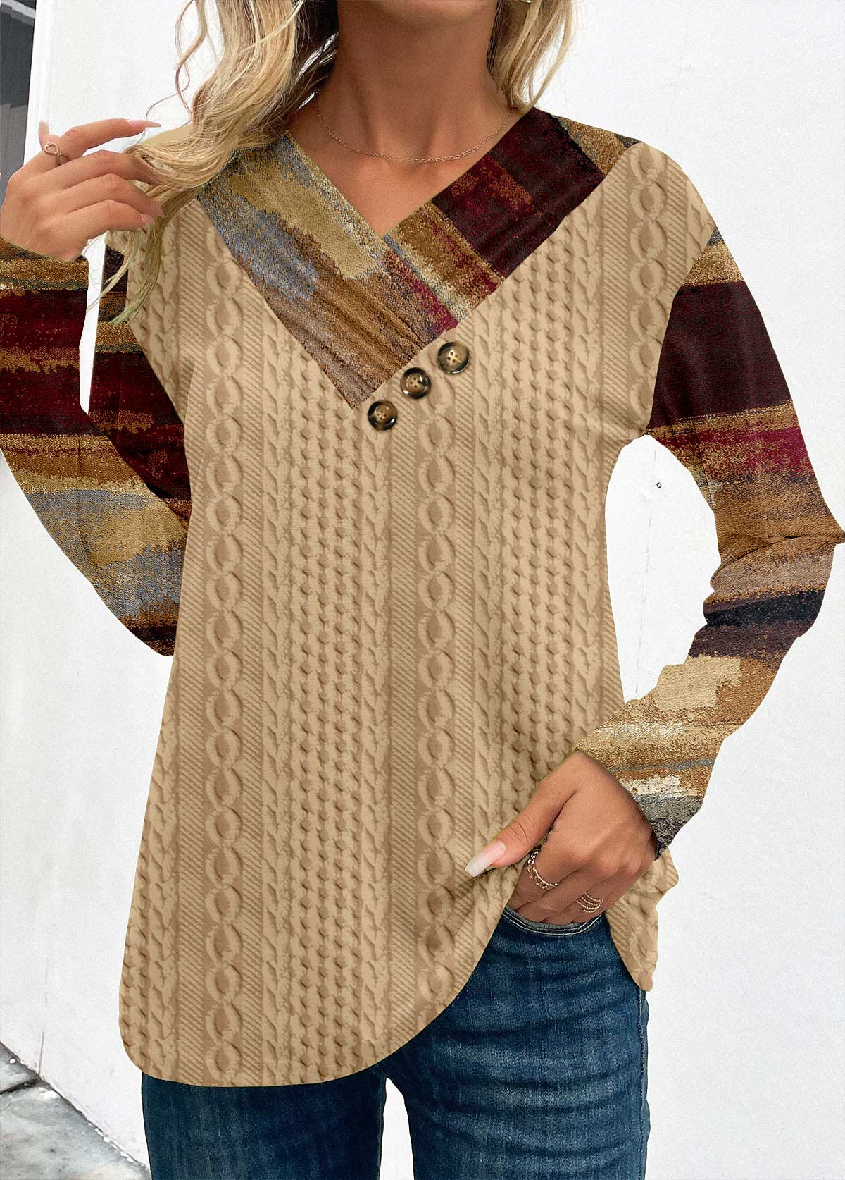 Light Camel Patchwork Plus Size Graffiti Print Sweatshirt | picture 