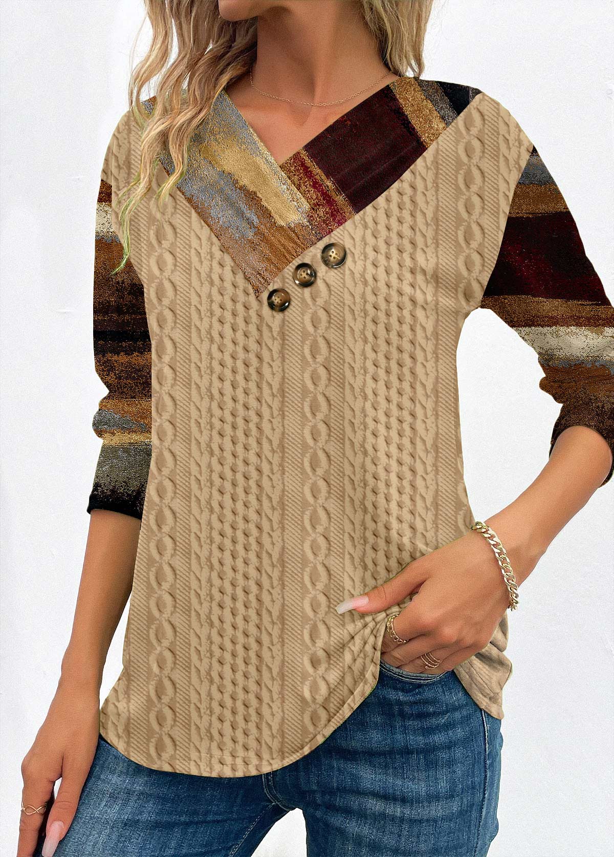 Light Camel Patchwork Plus Size Graffiti Print Sweatshirt | picture 