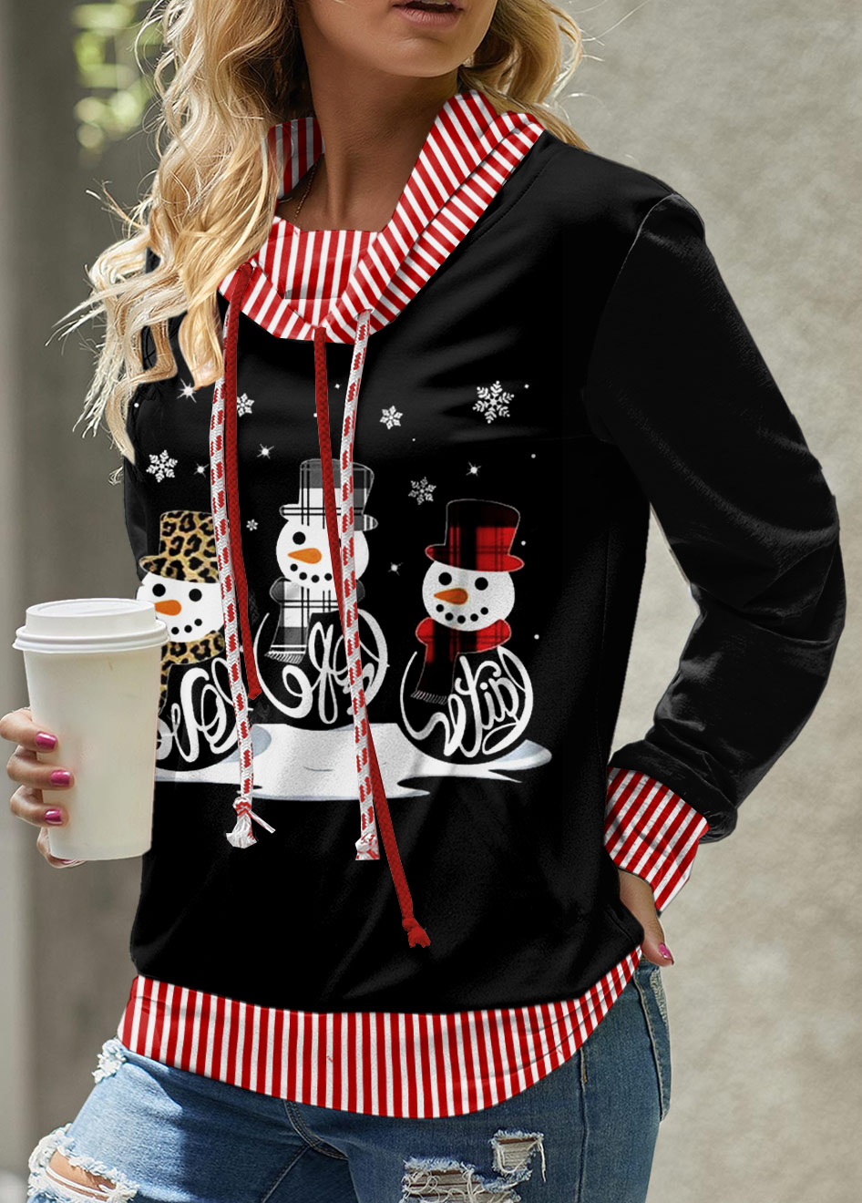 Red Christmas Snowman Print Long Sleeve Cowl Neck Sweatshirt