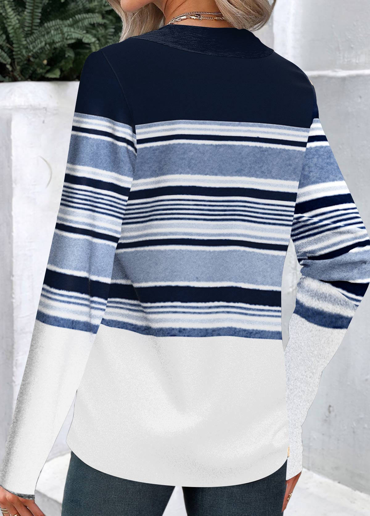 Plus Size Navy Patchwork Striped Long Sleeve T Shirt | picture 