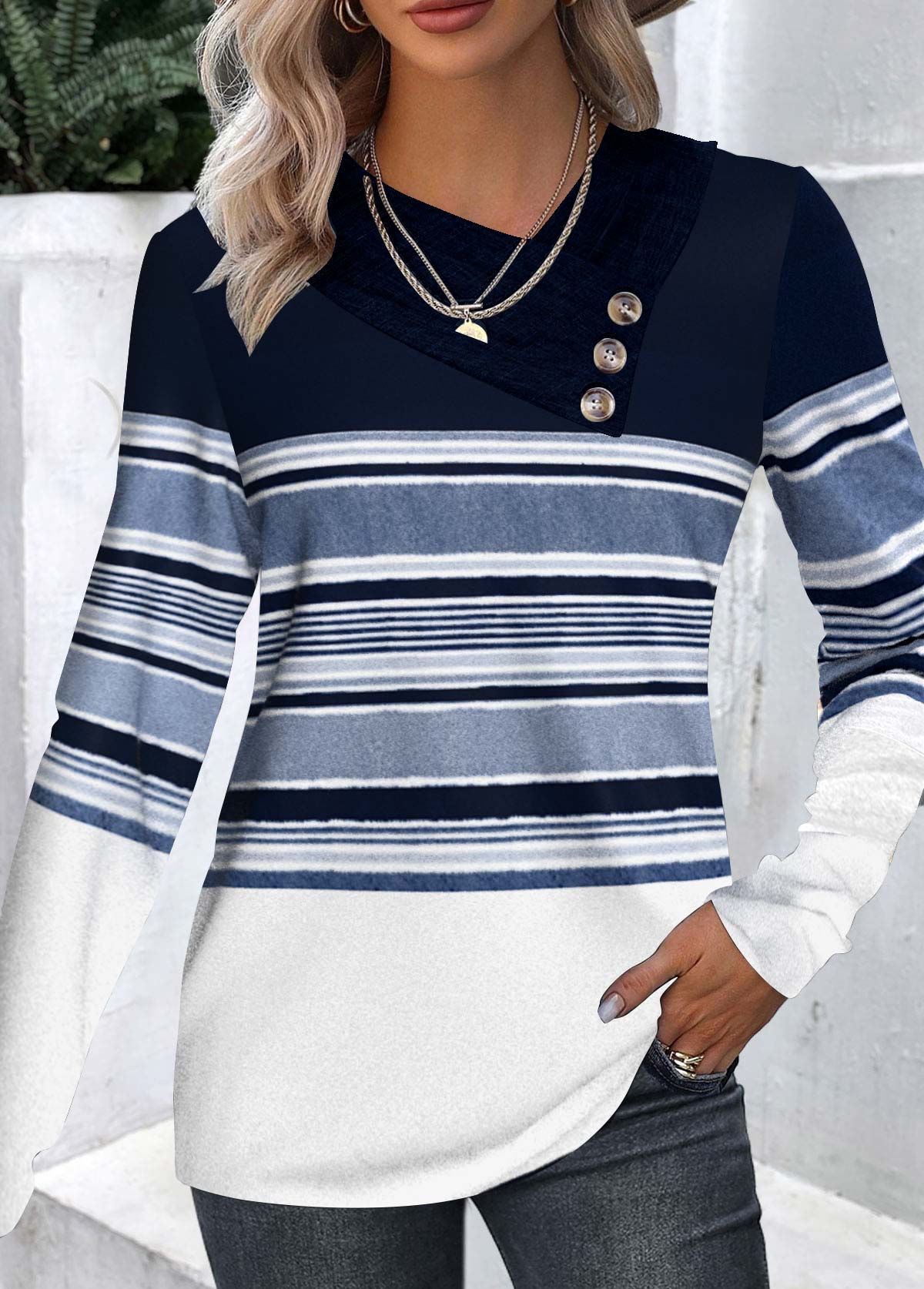 Plus Size Navy Patchwork Striped Long Sleeve T Shirt