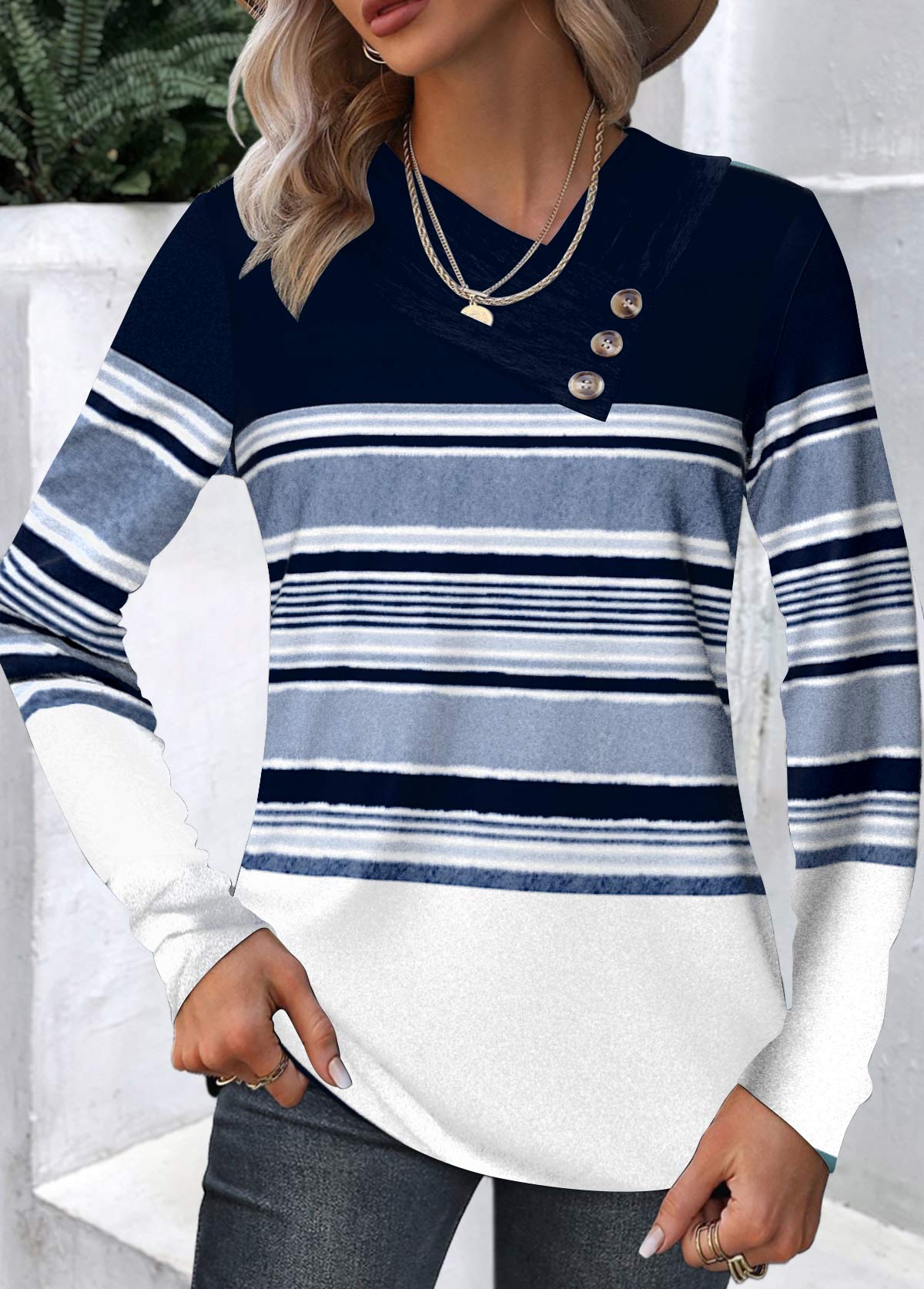 Plus Size Navy Patchwork Striped Long Sleeve T Shirt | picture 