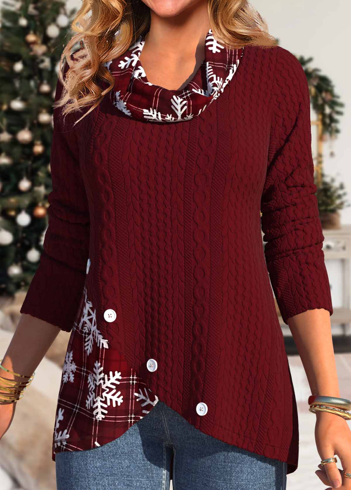 Plus Size Deep Red Button Snowflake Print Sweatshirt