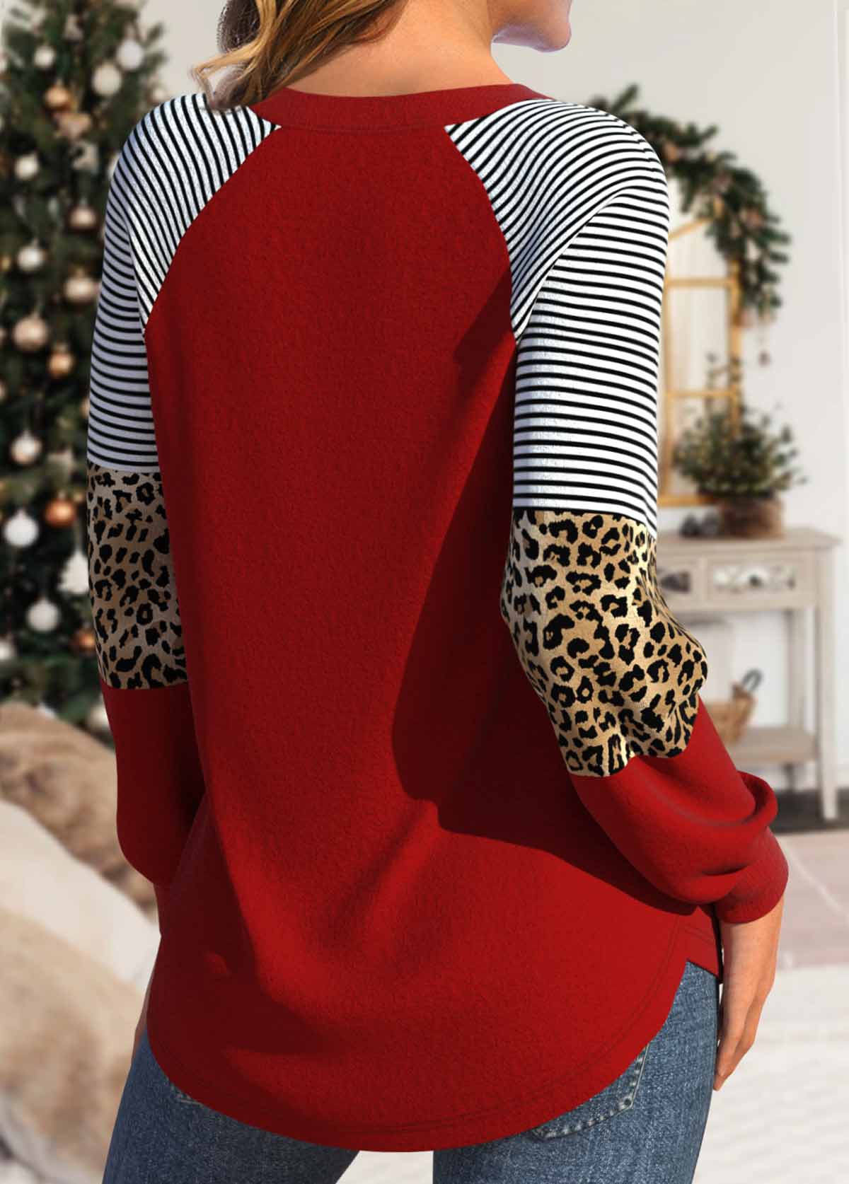 Red Patchwork Christmas Tree Print Long Sleeve T Shirt