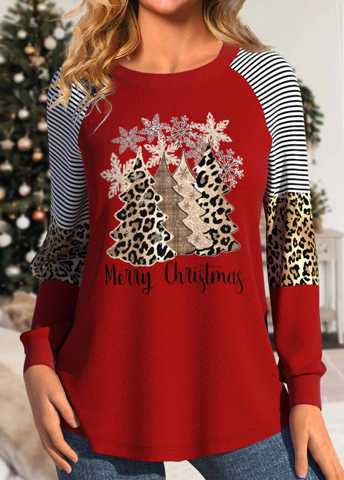 Red Patchwork Christmas Tree Print Long Sleeve T Shirt