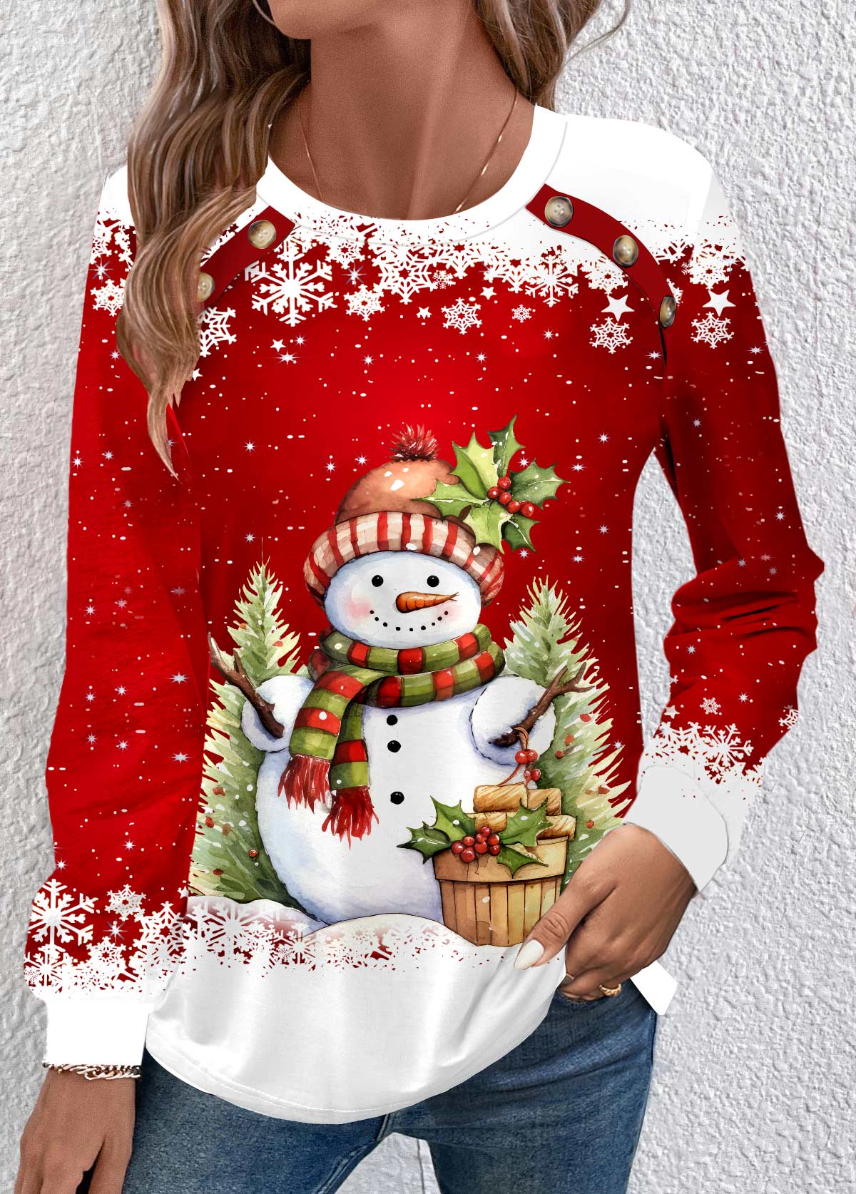 Red Button Snowman Print Long Sleeve Round Neck Sweatshirt