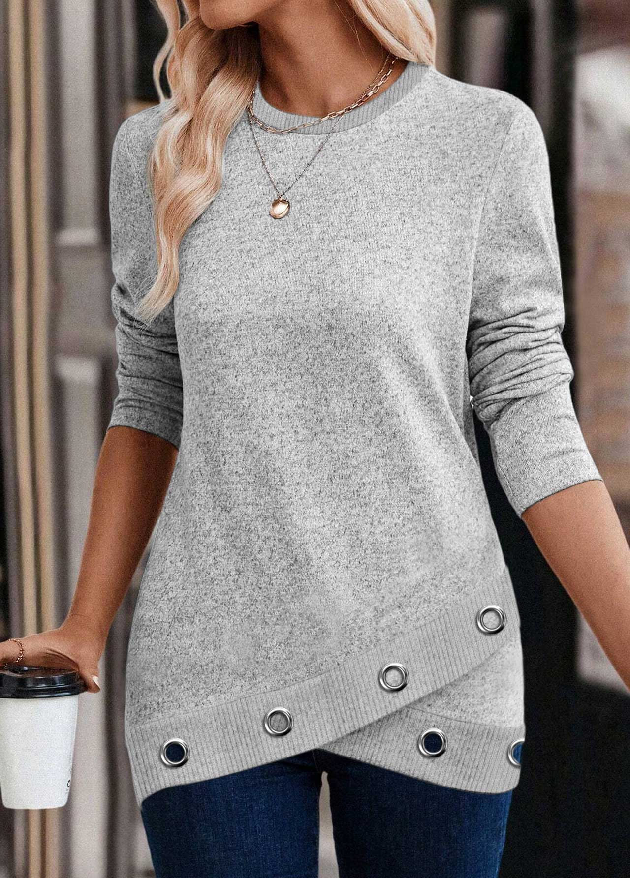 Light Grey Cross Hem Long Sleeve Round Neck Sweatshirt