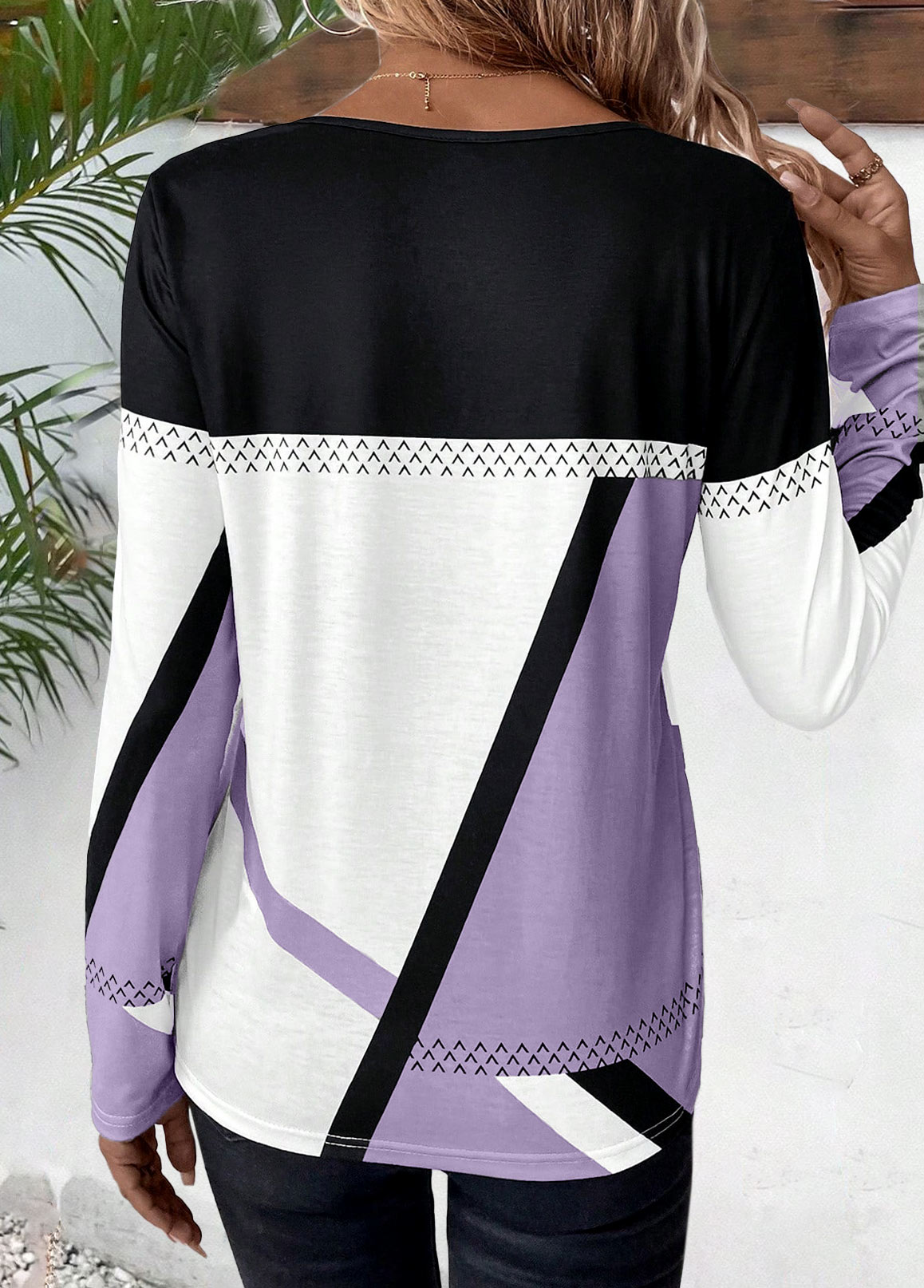 Light Purple Patchwork Geometric Print Long Sleeve T Shirt