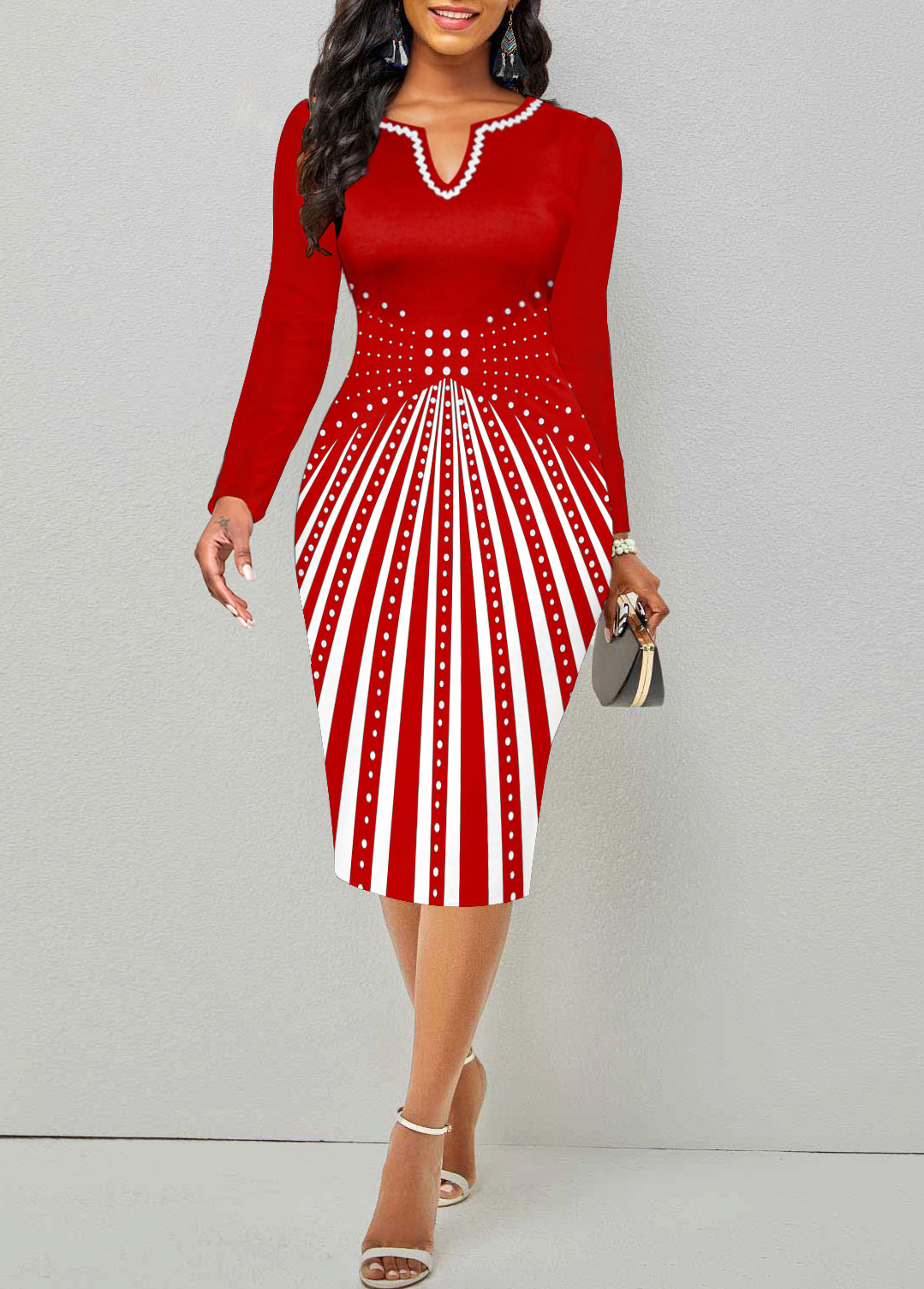 Red Split Geometric Print Long Sleeve Bodycon Dress