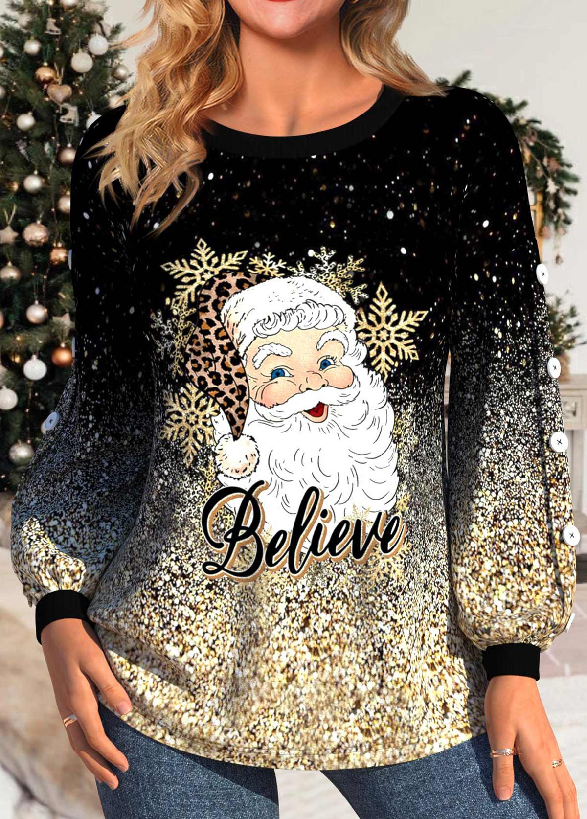 Golden Button Santa Claus Print Long Sleeve Christmas Sweatshirt