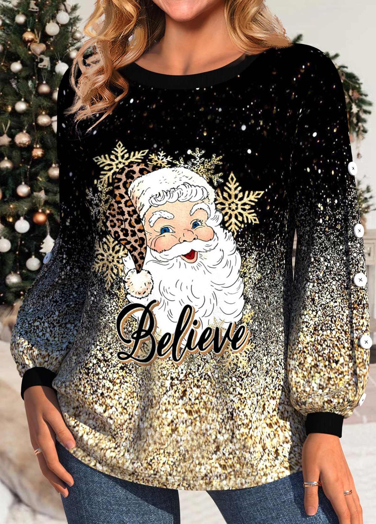 Golden Button Santa Claus Print Long Sleeve Christmas Sweatshirt