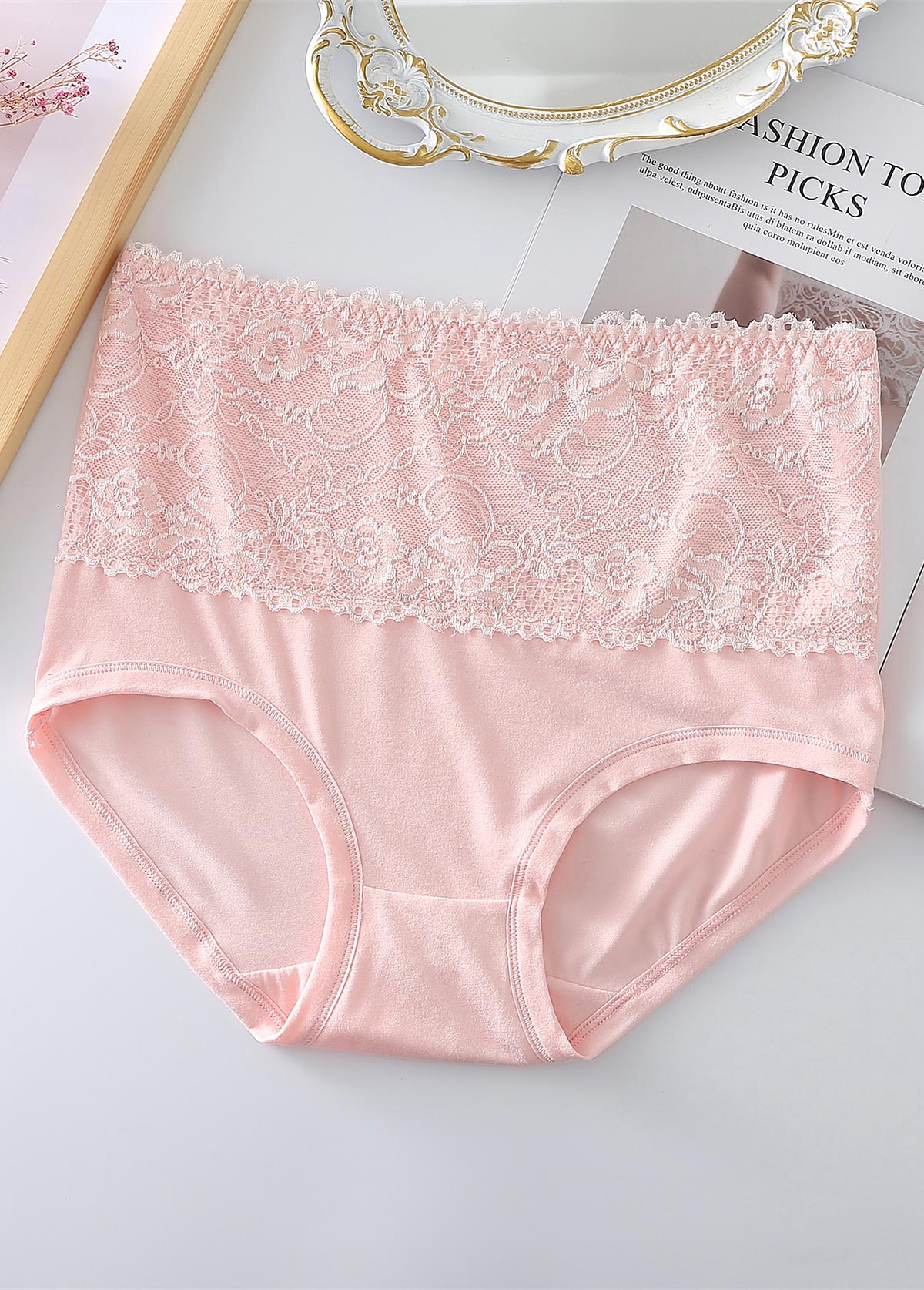 Lace Patchwork Light Pink High Waisted Panty