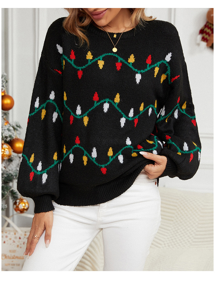 Black Patchwork Christmas Tree Print Long Sleeve Sweater
