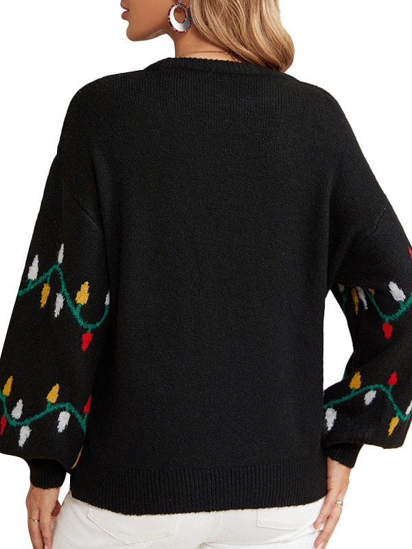 Black Patchwork Christmas Tree Print Long Sleeve Sweater