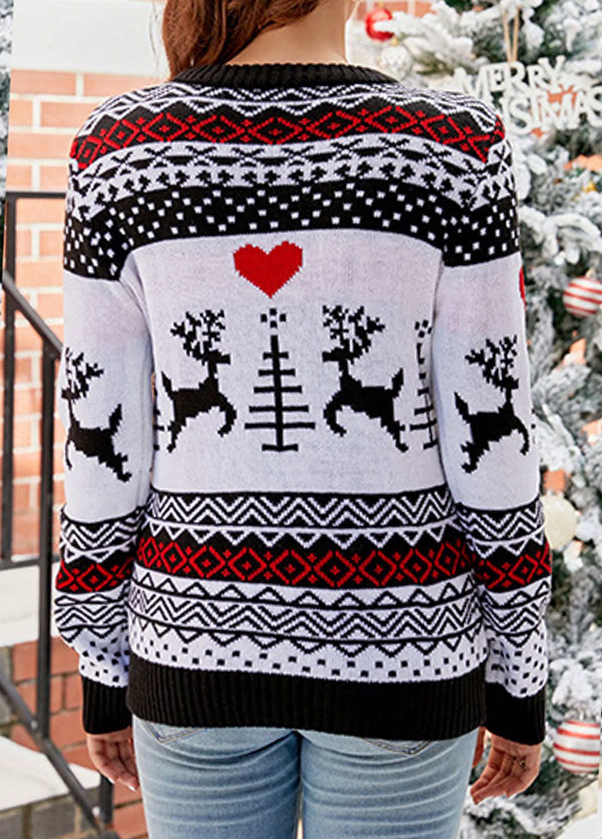 White Patchwork Elk Print Long Sleeve Round Neck Sweater