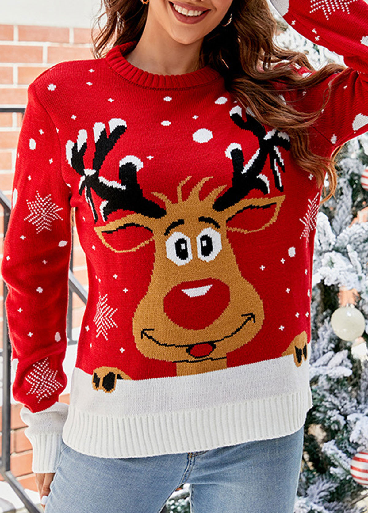 Red Patchwork Elk Print Long Sleeve Round Neck Sweater