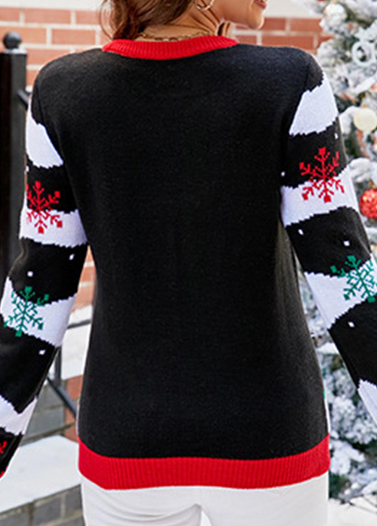 Black Christmas Tree Print Long Sleeve Round Neck Sweater
