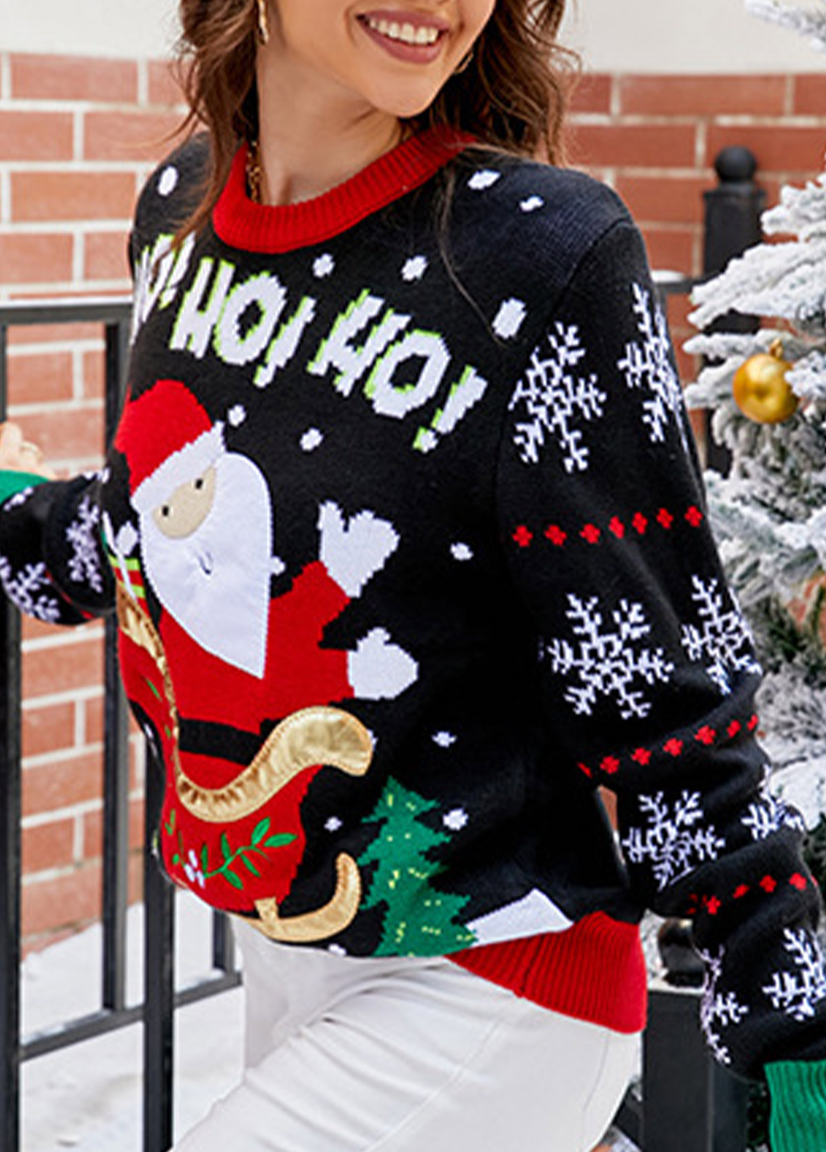 Christmas Black Santa Claus Print Long Sleeve Round Neck Sweater