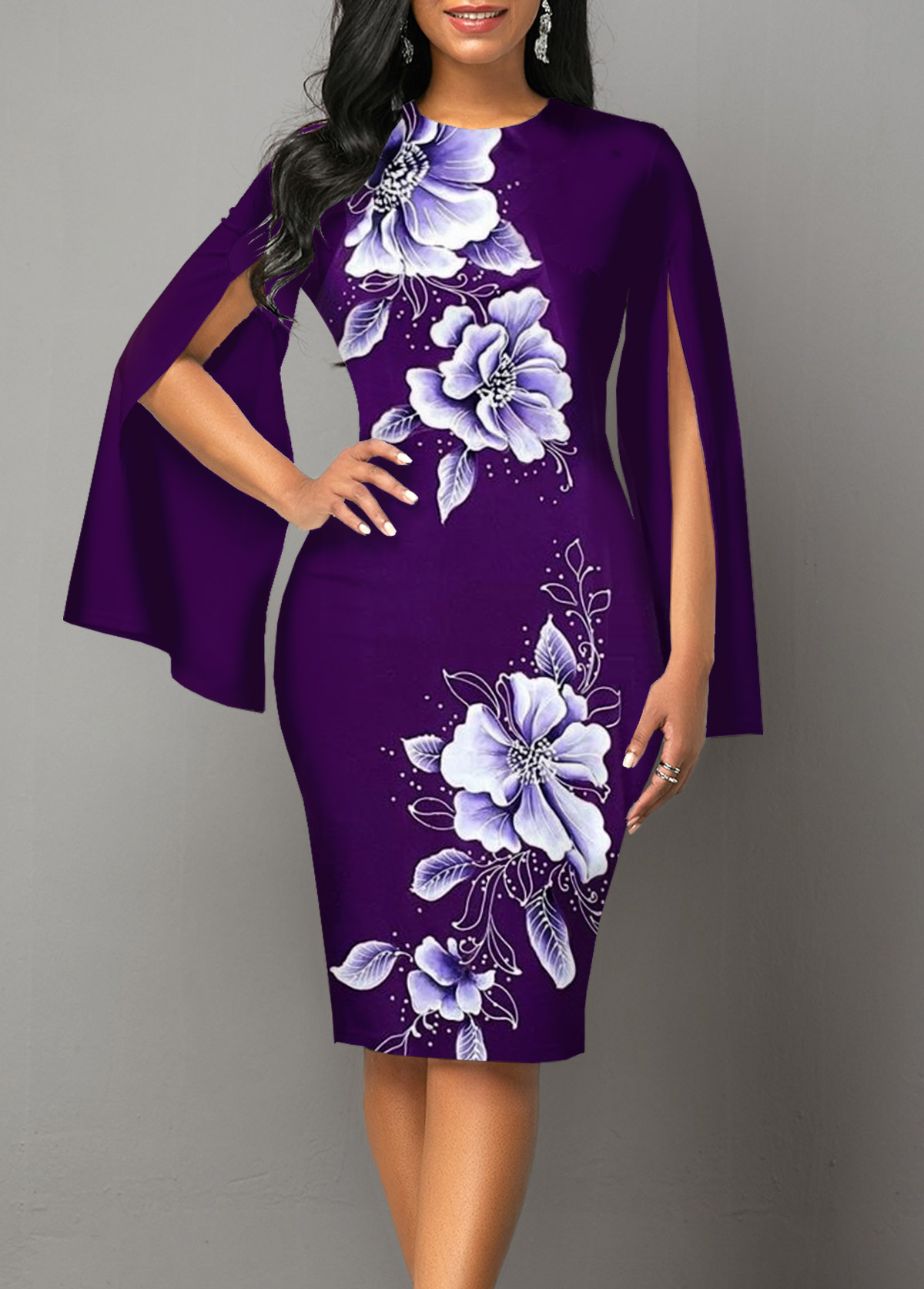 Purple Split Floral Print Long Sleeve Bodycon Dress