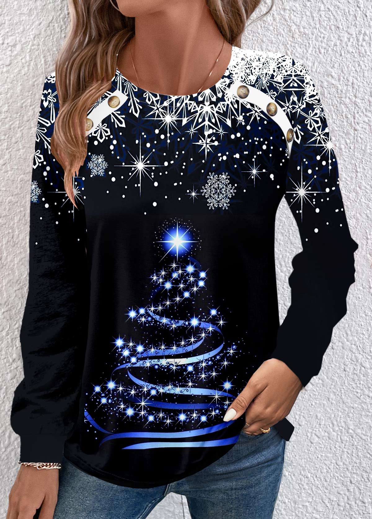 Black Button Christmas Tree Print Long Sleeve Sweatshirt
