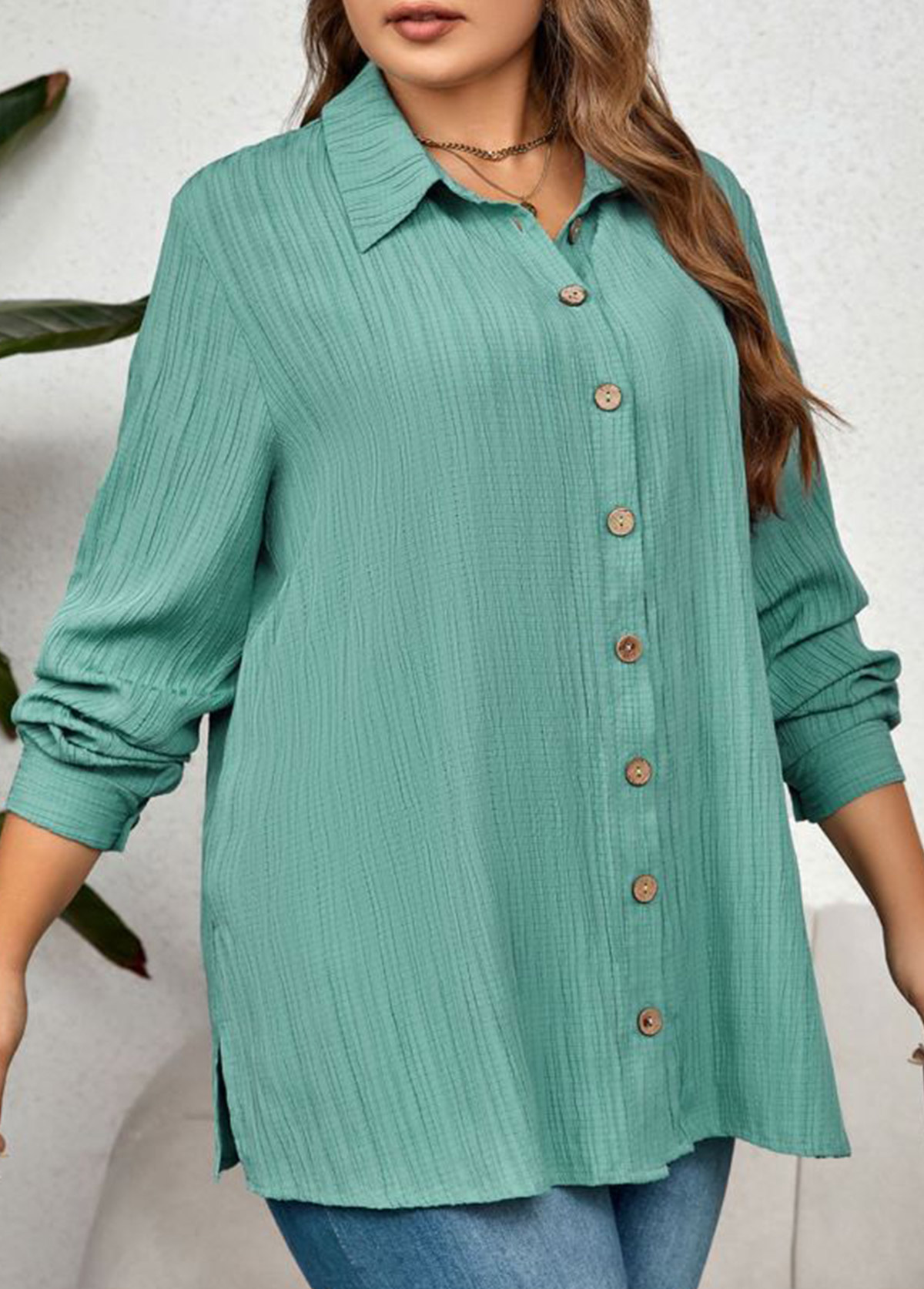 Mint Green Button Plus Size Long Sleeve Blouse | modlily.com - USD 34.98
