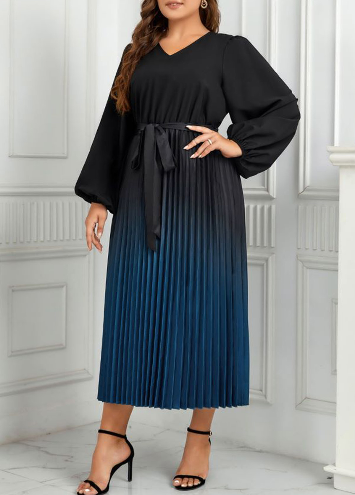 Peacock Blue Pleated Plus Size Ombre Belted Dress