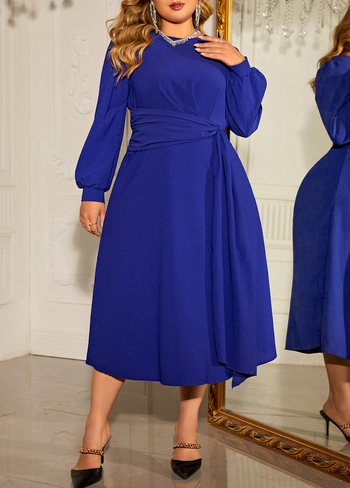 Dark Blue Plus Size Long Sleeve Round Neck Dress