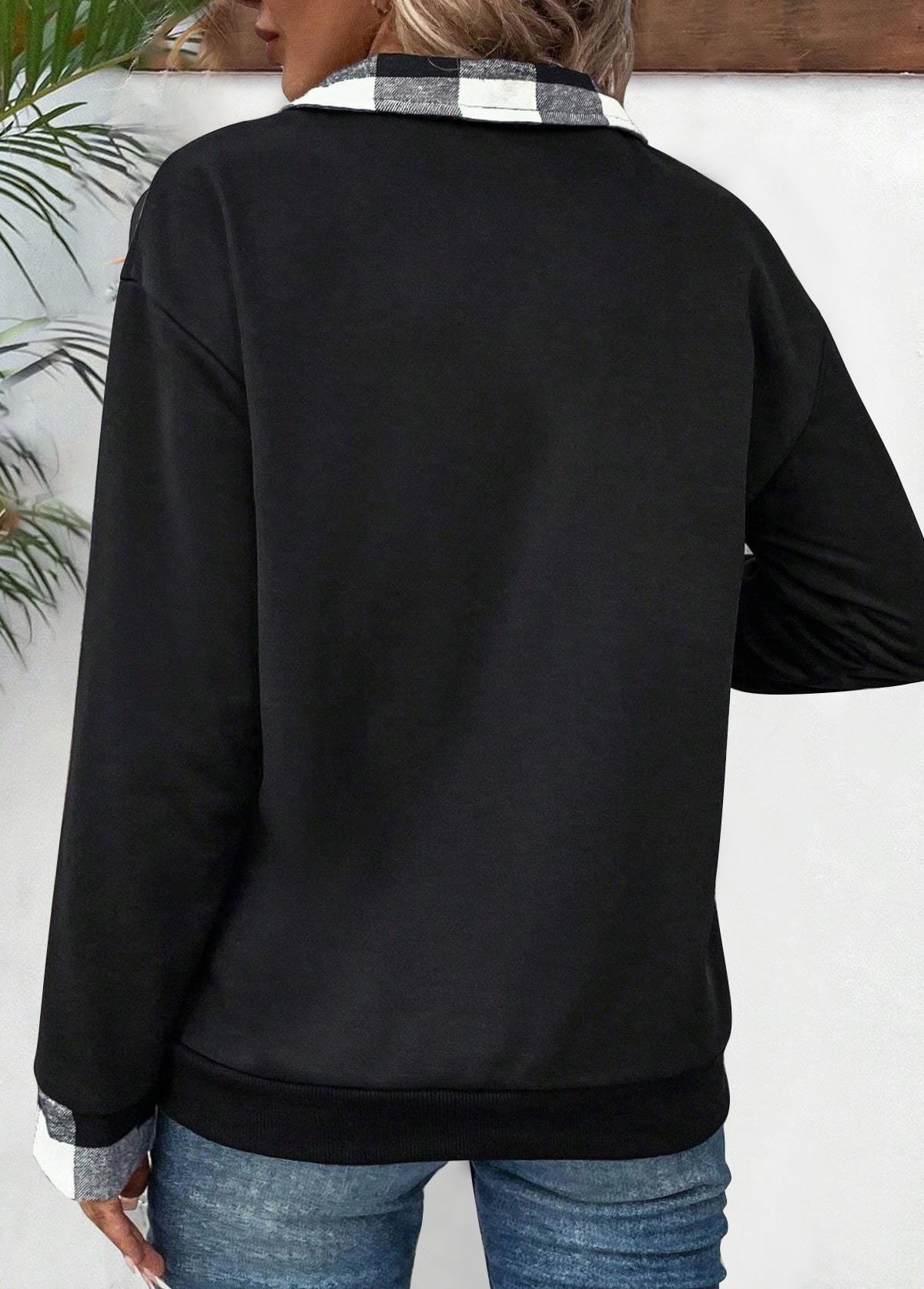 Black Patchwork Plaid Long Sleeve Turn Down Collar Sweatshirt