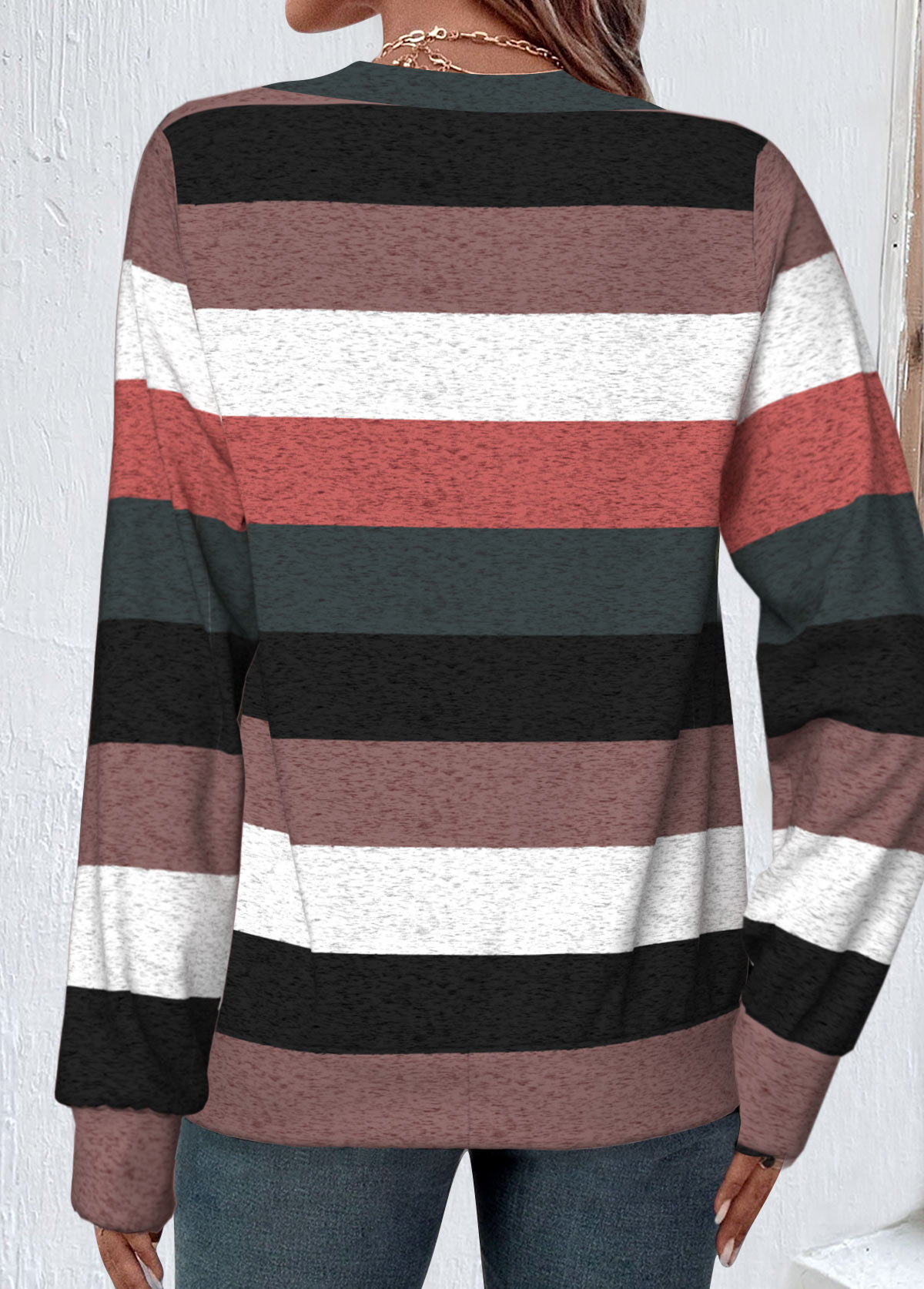 Multi Color Patchwork Striped Long Sleeve V Neck Sweatshirt